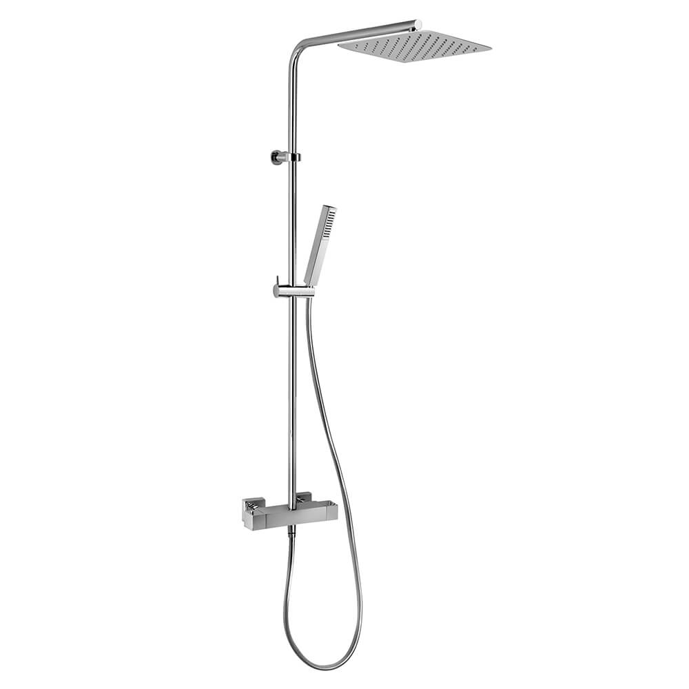 Colonna doccia Jacuzzi rubinetteria Glint con miscelatore termostatico soffione ultrapiatto 25x25 cm e doccia monogetto