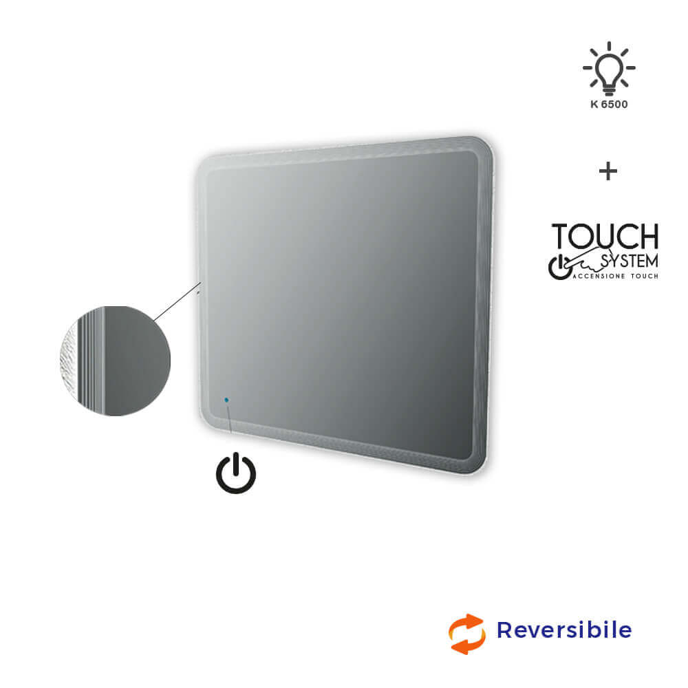Specchio LED touch 90X100 con righe al bordo intarsiate