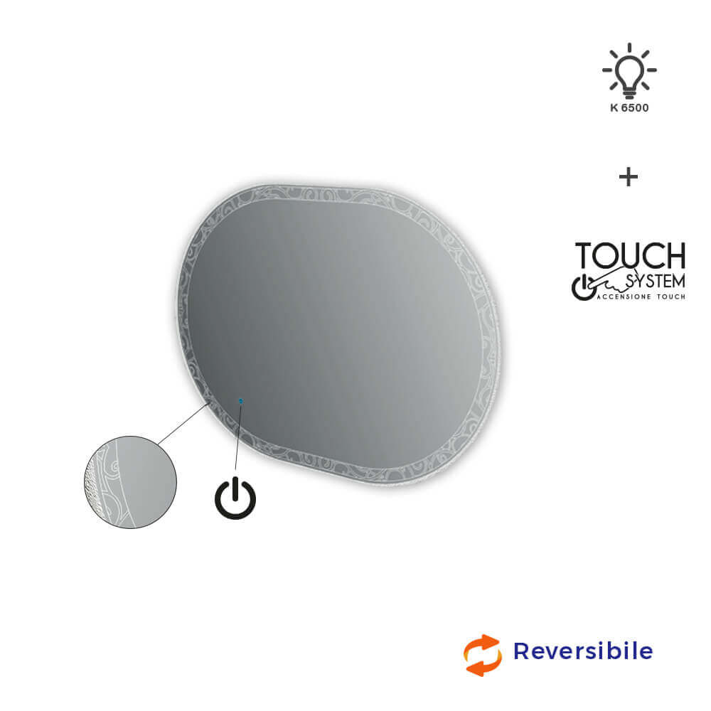 Specchio LED touch ovale con disegno intarsiato 75X100