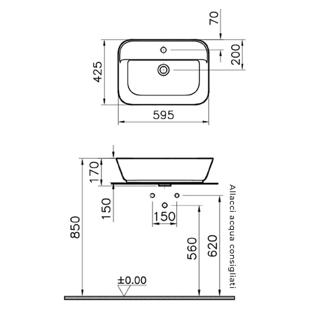 Lavabo da appoggio con foro rubinetto Soft Square Bianco lucido rettangolare 60 cm Vitra ceramica