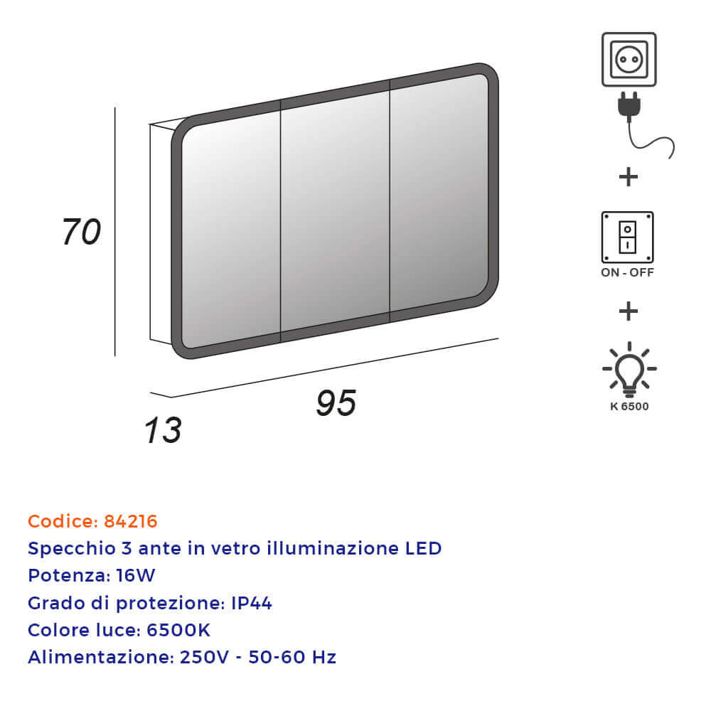 Specchio LED contenitore 70X95X13 tre ante retroilluminato con bordo satinato