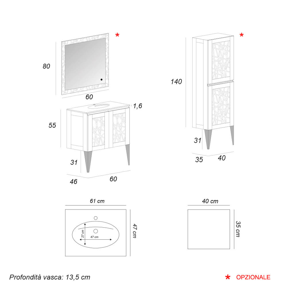 Mobile bagno bianco opaco a terra 60 cm con elegante design a rilievo