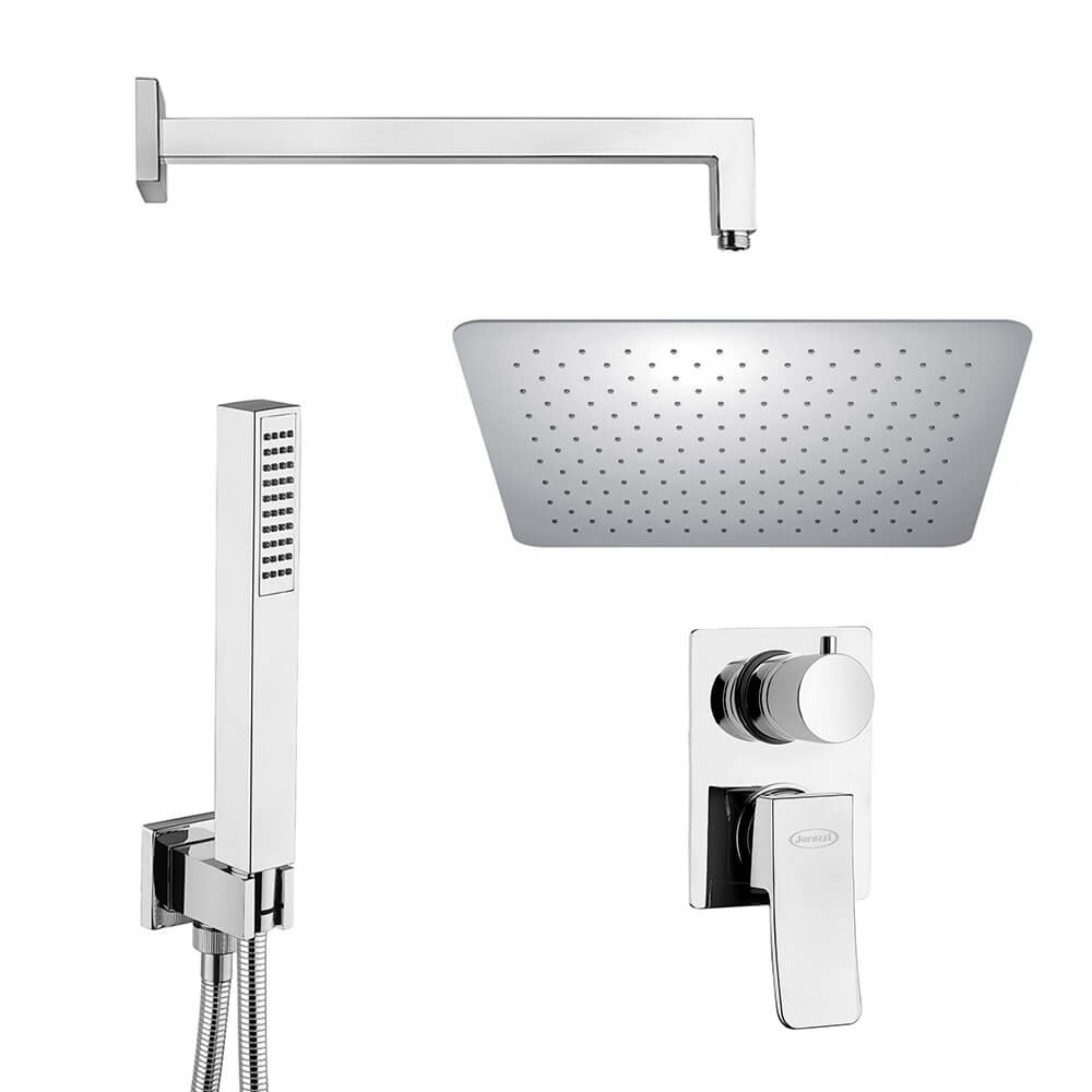 Kit doccia completo Jacuzzi | Rubinetteria Tank con braccio, soffione 25cm, doccetta e miscelatore