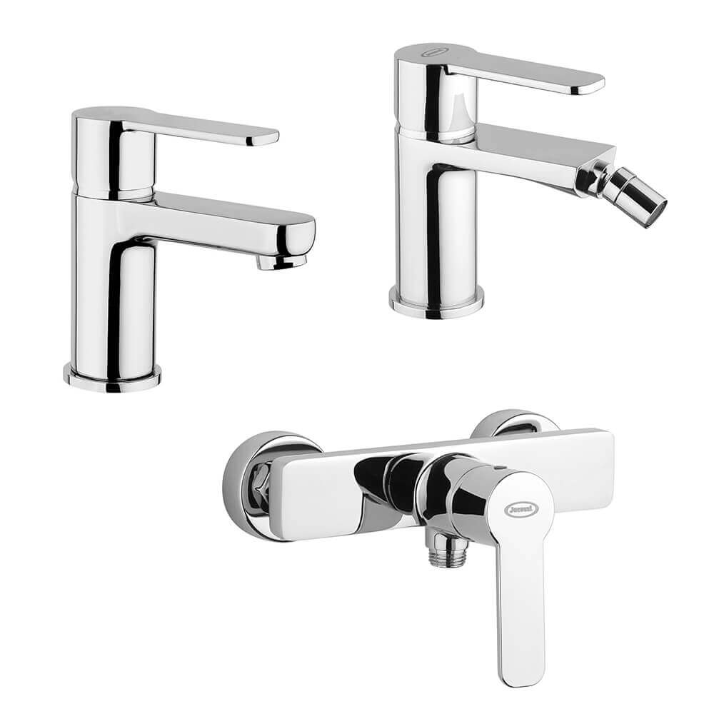 Set miscelatori lavabo + bidet + esterno doccia Jacuzzi | rubinetteria Eolo ottone cromato per piletta click clack