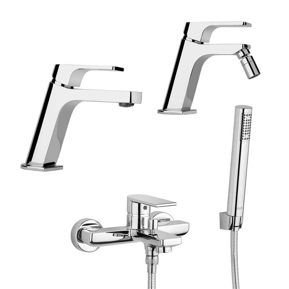 Set miscelatori lavabo + bidet + gruppo vasca Jacuzzi | rubinetteria Twilight ottone cromato per piletta di scarico
