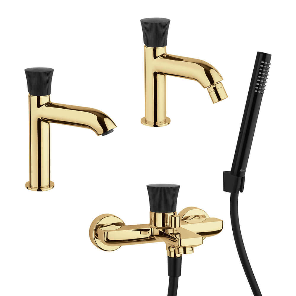 Set miscelatori oro spazzolato lavabo bidet e gruppo vasca serie Illumina di Jacuzzi Rubinetteria