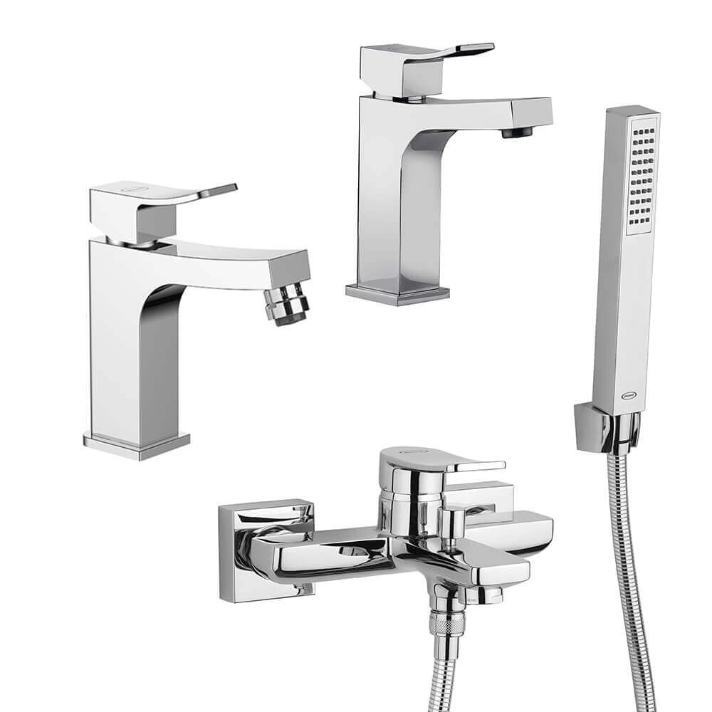 Set miscelatori lavabo + bidet + gruppo vasca Jacuzzi | rubinetteria Tank ottone cromato per piletta click clack