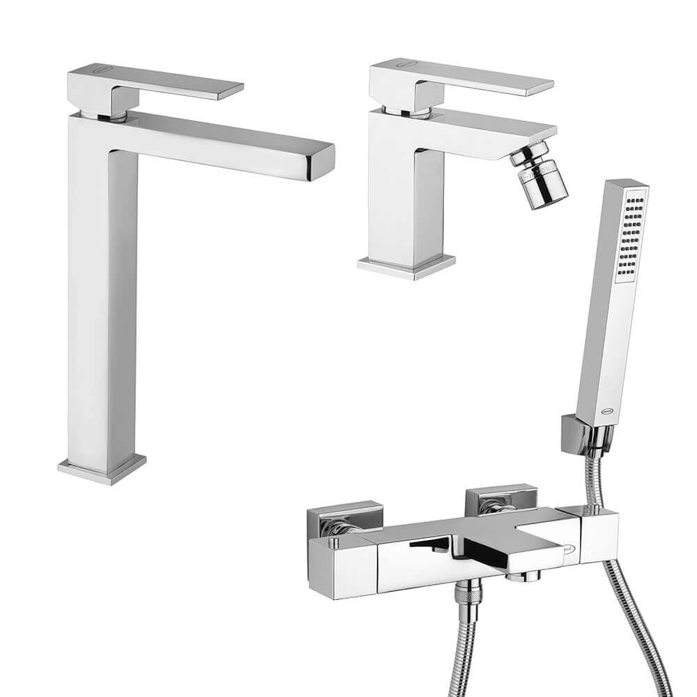 Set miscelatori lavabo alto bidet e gruppo vasca termostatico Jacuzzi Rubinetteria serie Twinkle
