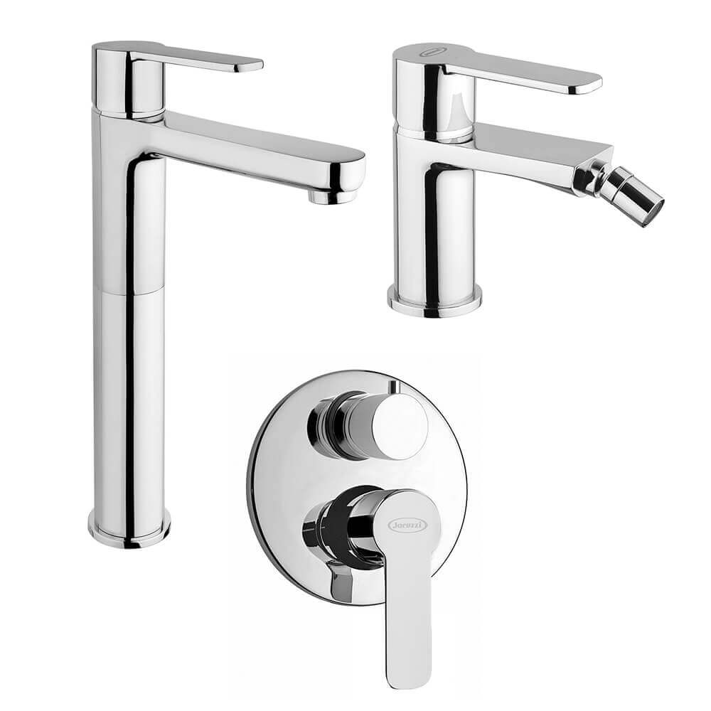 Set miscelatori lavabo alto + bidet + incasso doccia con deviatore Jacuzzi | rubinetteria Eolo ottone cromato per piletta click clack
