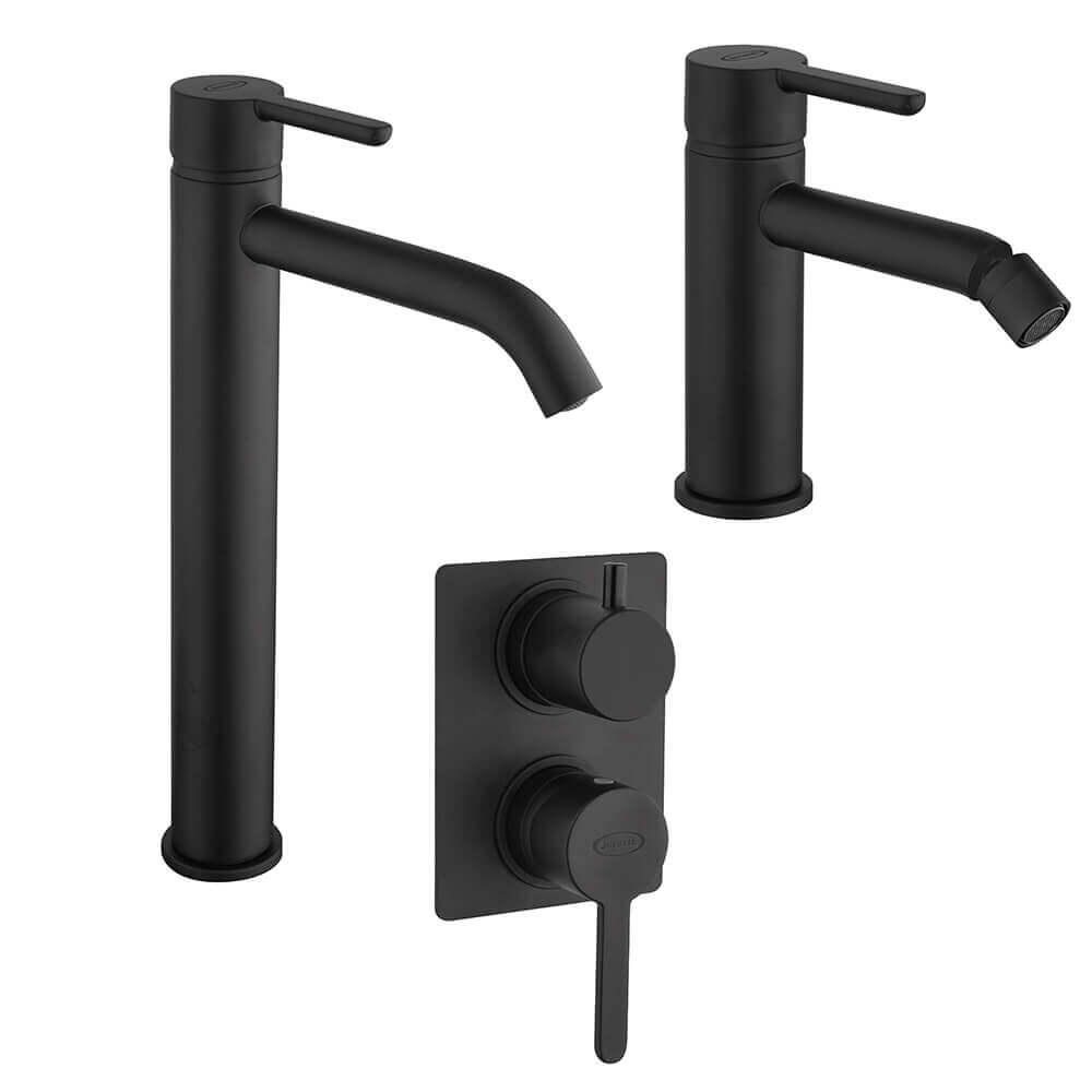 Miscelatori lavabo alto bidet e incasso doccia con deviatore nero opaco Jacuzzi | rubinetteria Sunset per piletta click clack