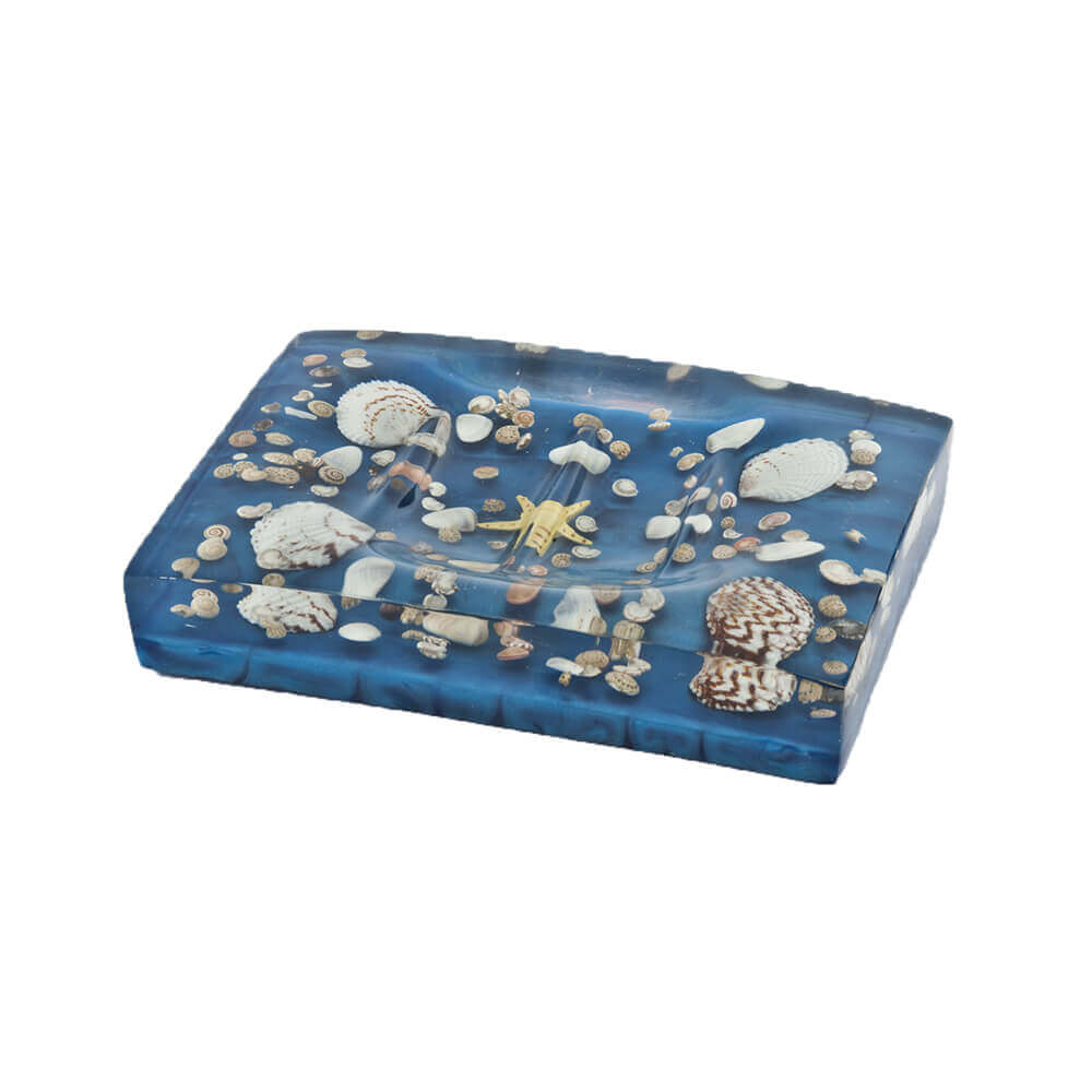 Porta sapone azzurro perlato con inserti conchiglie serie antille di Cipì