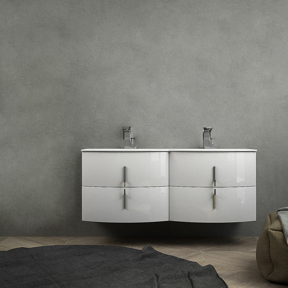 Mobile bagno doppio lavabo 140 cm bianco lucido sospeso