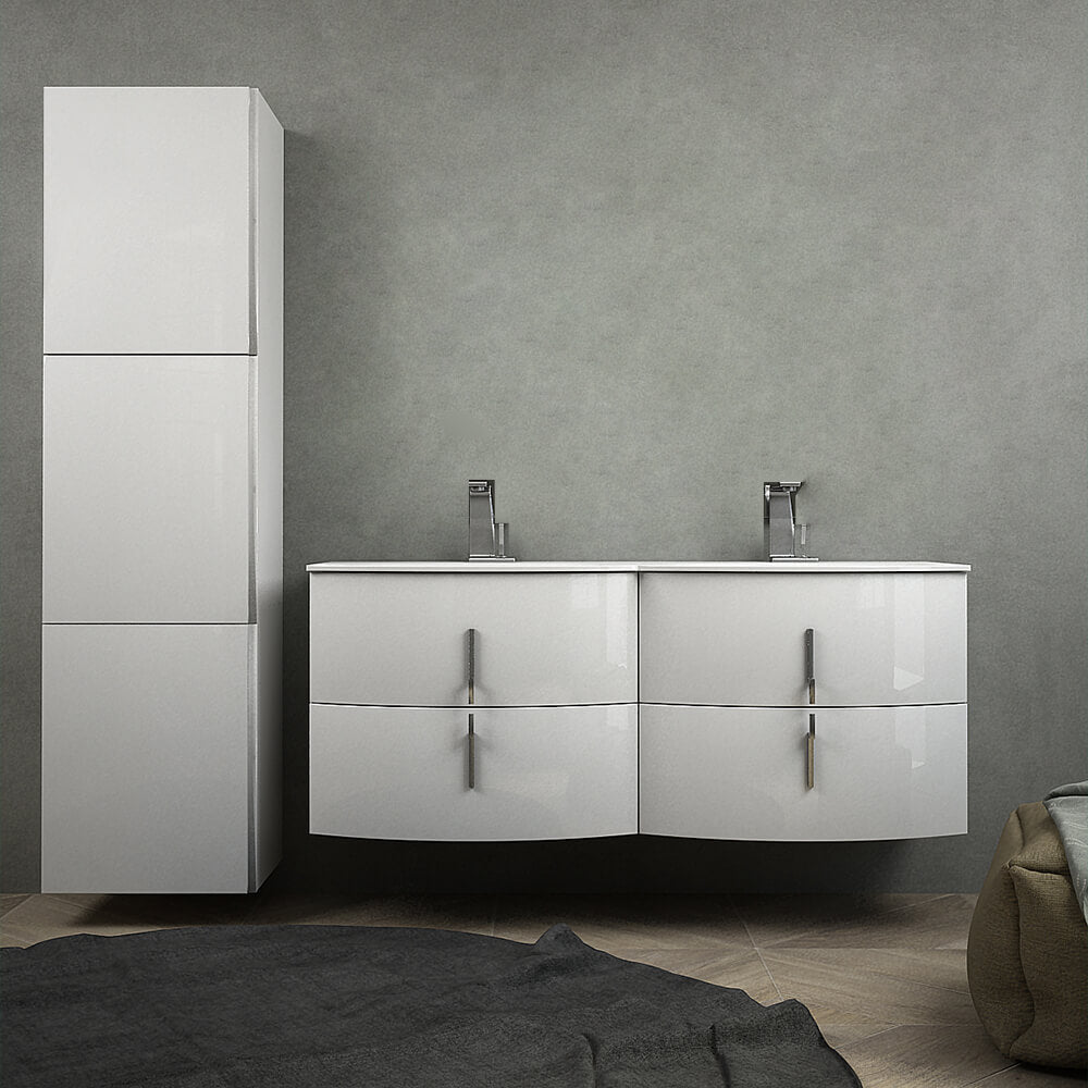 Mobile bagno doppio lavabo 140 cm bianco lucido sospeso