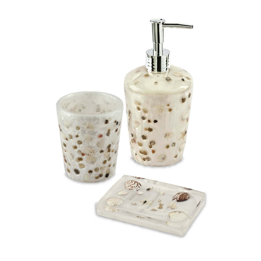 Set accessori bagno da appoggio 3 pezzi Antille Perla Dispenser Bicchiere e Porta sapone