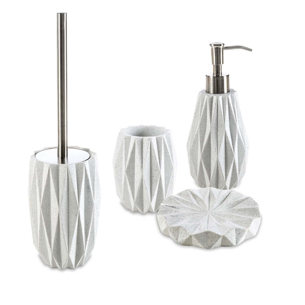 Set accessori da appoggio 4 pezzi Geo White di Cipì Dispenser Bicchiere Porta sapone e Scopino