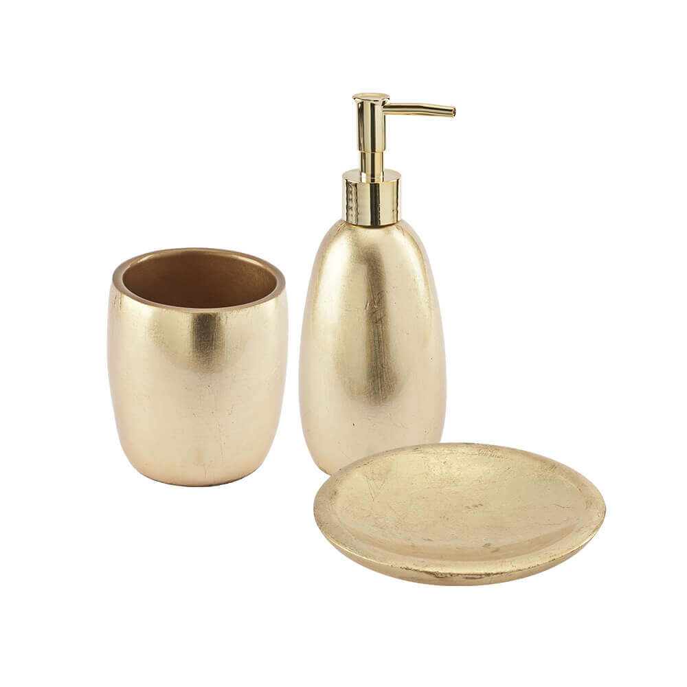 Set accessori bagno da appoggio 3 pezzi Dispenser Bicchiere e Porta sapone finitura foglia oro