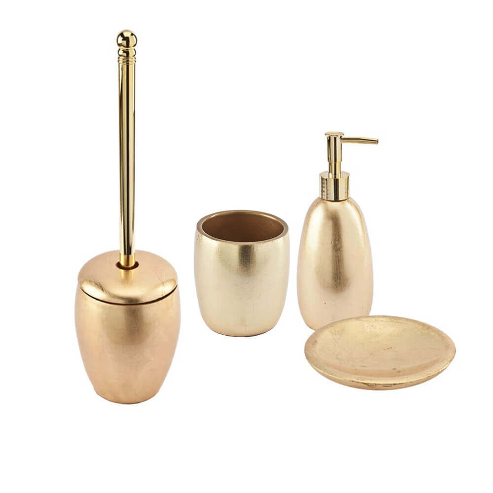 Set accessori bagno da appoggio 4 pezzi Dispenser Bicchiere Porta sapone e Scopino finitura foglia oro