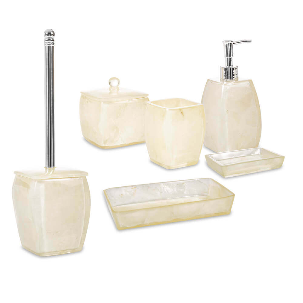 Set 6 pezzi accessori da bagno serie Perla Cipì Dispenser Bicchiere Portasapone Scopino Porta cotone e Vassoio
