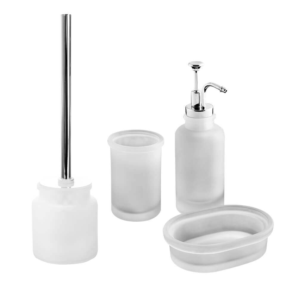 Set accessori 4 pezzi in vetro satinato serie Pharmacy opalino di Cipì Dispenser Bicchiere Porta sapone Scopino