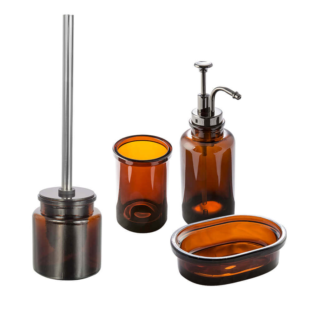 Set accessori 4 pezzi in vetro ambra serie Pharmacy di Cipì Dispenser Bicchiere Porta sapone Scopino