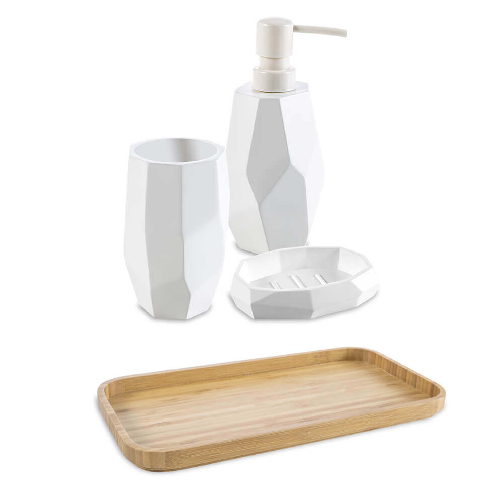 Set accessori da bagno 4 pezzi surface Bamboo di Cipì Dispenser Bicchiere Porta sapone e Vassoio