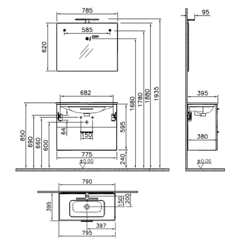 Mobile bagno 80 cm Vitra rovere scuro con specchio e lampada Led