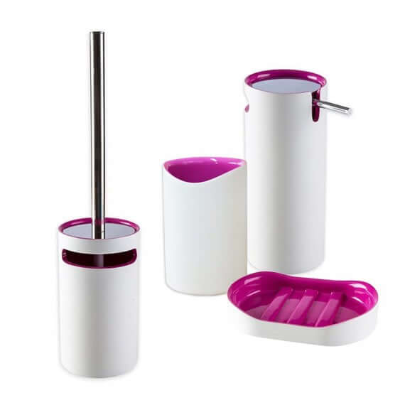 Set 4 pezzi accessori da bagno serie Idol Dispenser Bicchiere Porta sapone e Scopino