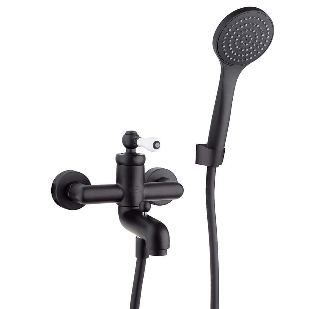Rubinetti lavabo alto bidet e gruppo vasca Jacuzzi Rubinetteria serie Tosca nero opaco