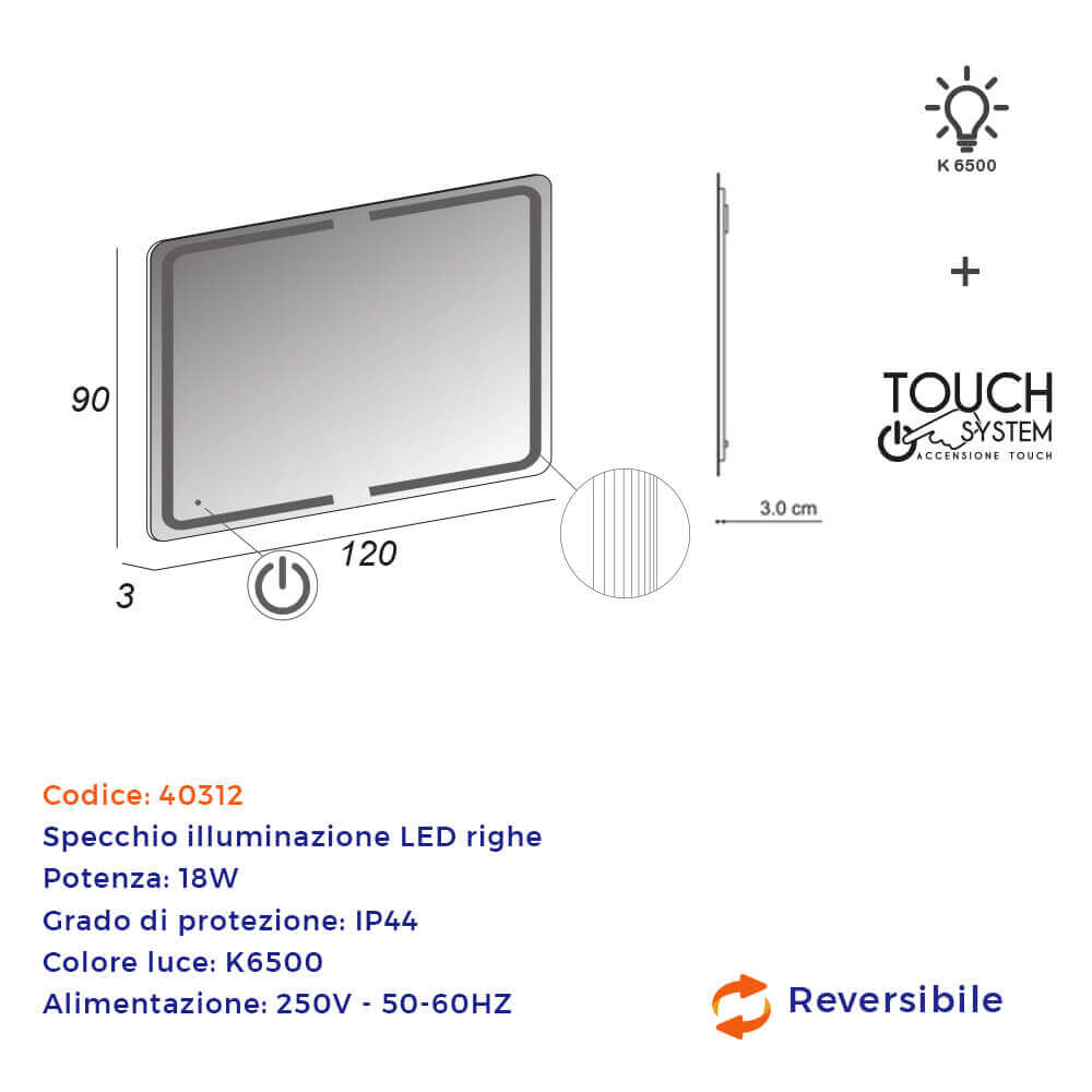 Specchio LED con righe accensione touch 90X120 Arcshop