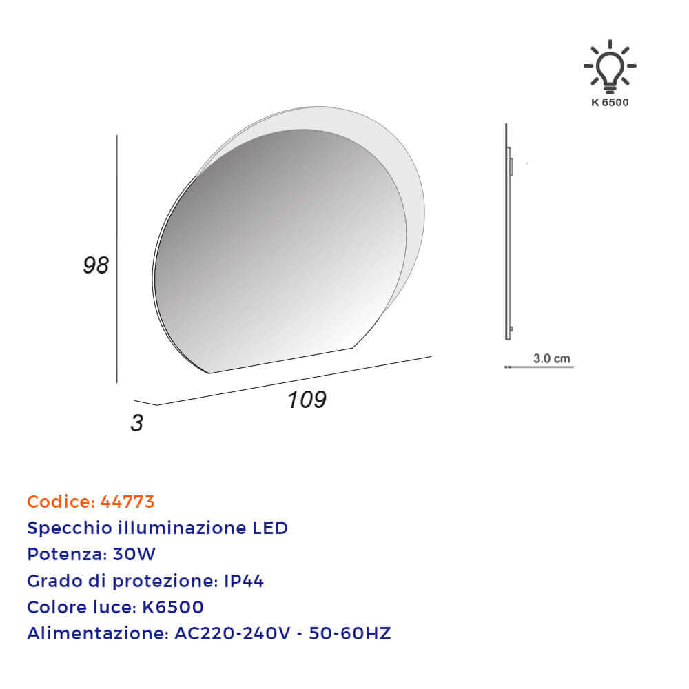 Specchio mezzaluna satinata retroilluminata LED 98X109 design Arcshop