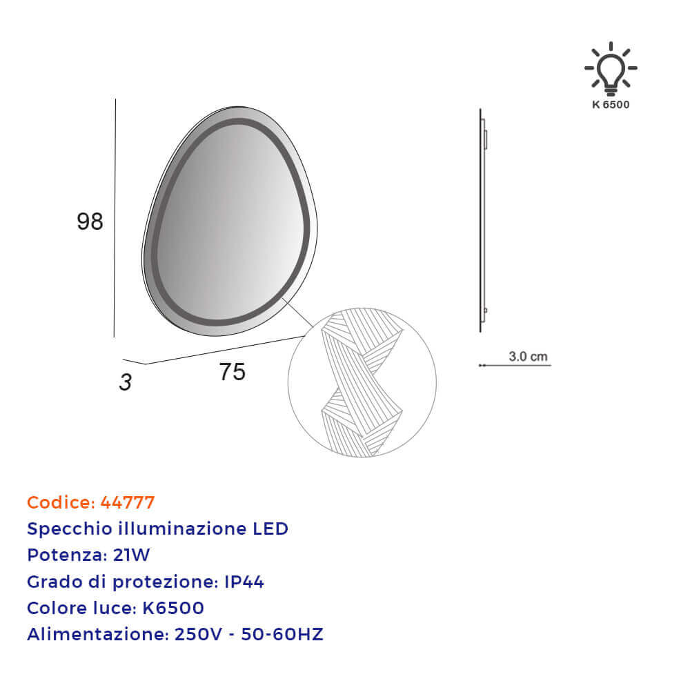 Specchio LED con disegno lavorato 98X75 cm forma uovo Arcshop