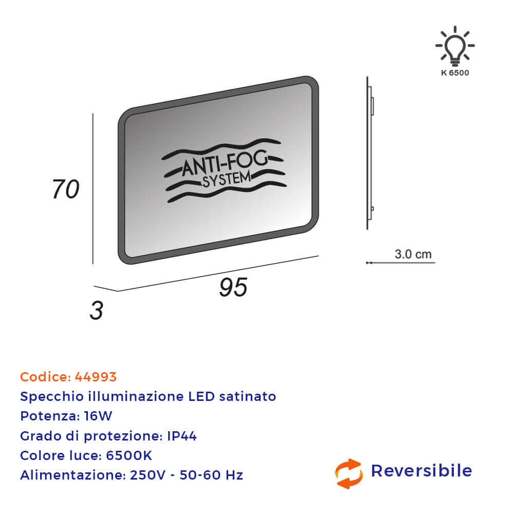 Specchio LED retroilluminato bordo satinato anti-fog system anticondensa 70X95 Arcshop