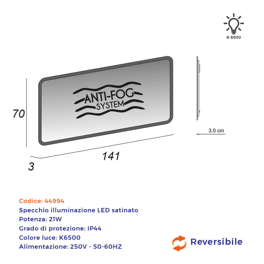 Specchio anti-fog bordo satinato retroilluminato LED 70X141 Arcshop