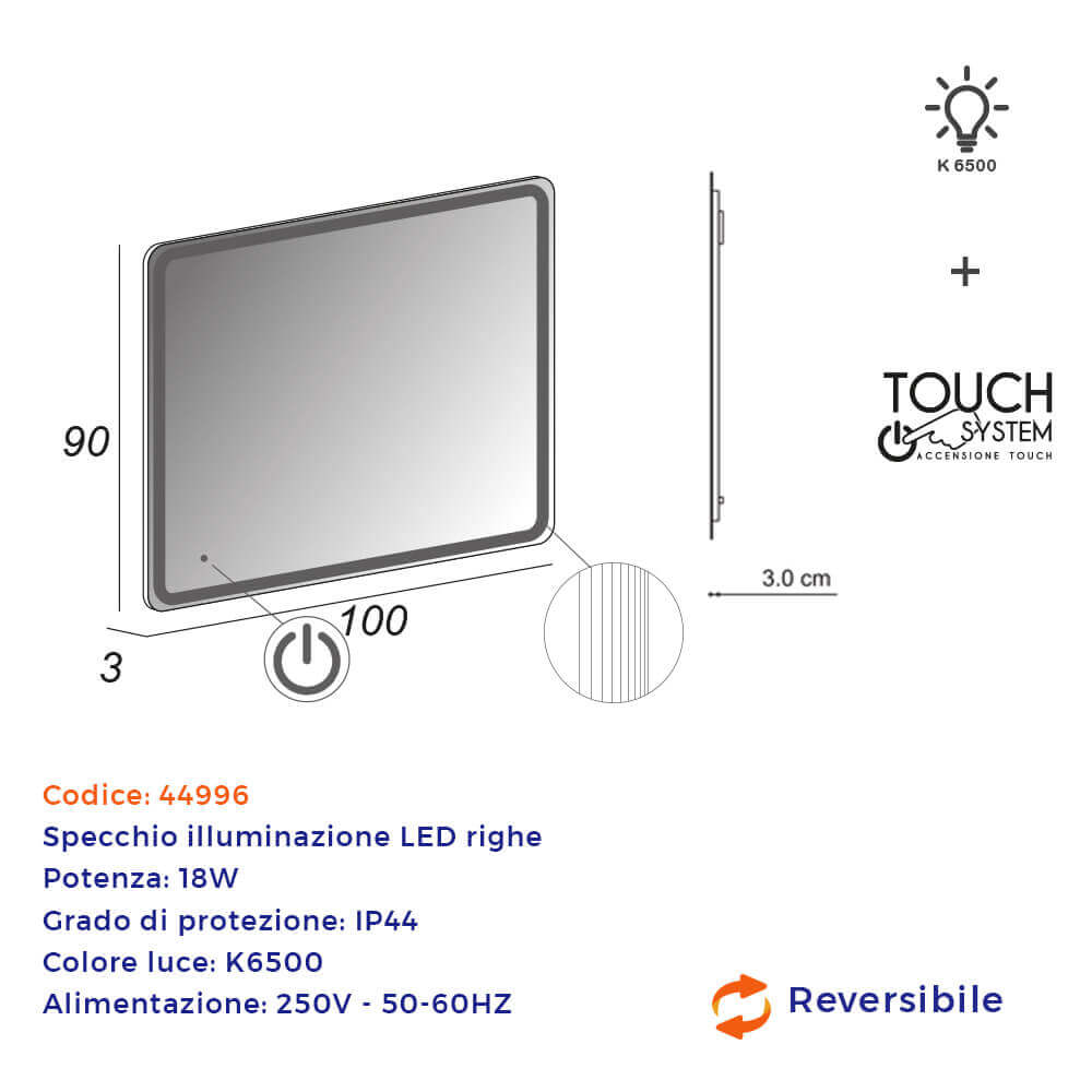 Specchio LED touch 90X100 con righe al bordo intarsiate Arcshop