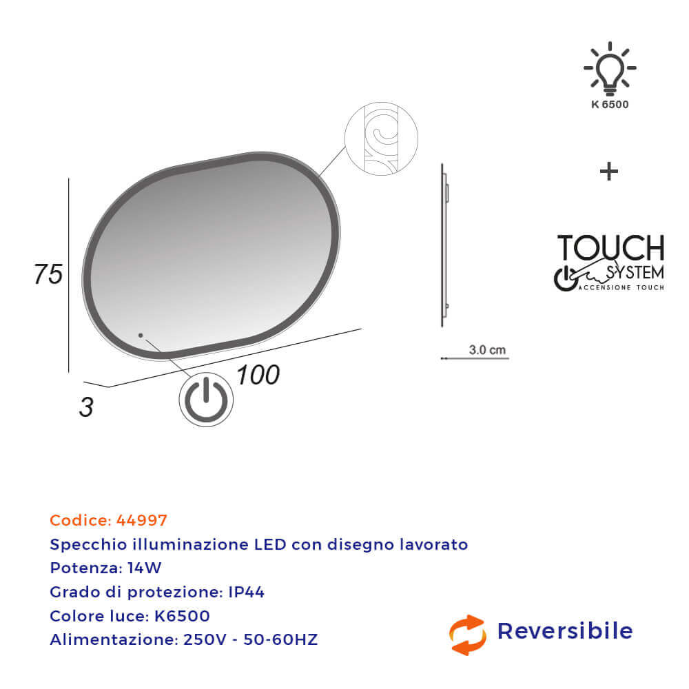 Specchio LED touch ovale con disegno intarsiato 75X100 Arcshop