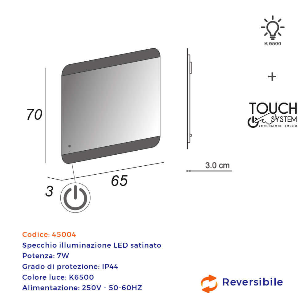 Specchio touch LED bordi satinati 70X65 retroilluminato Arcshop