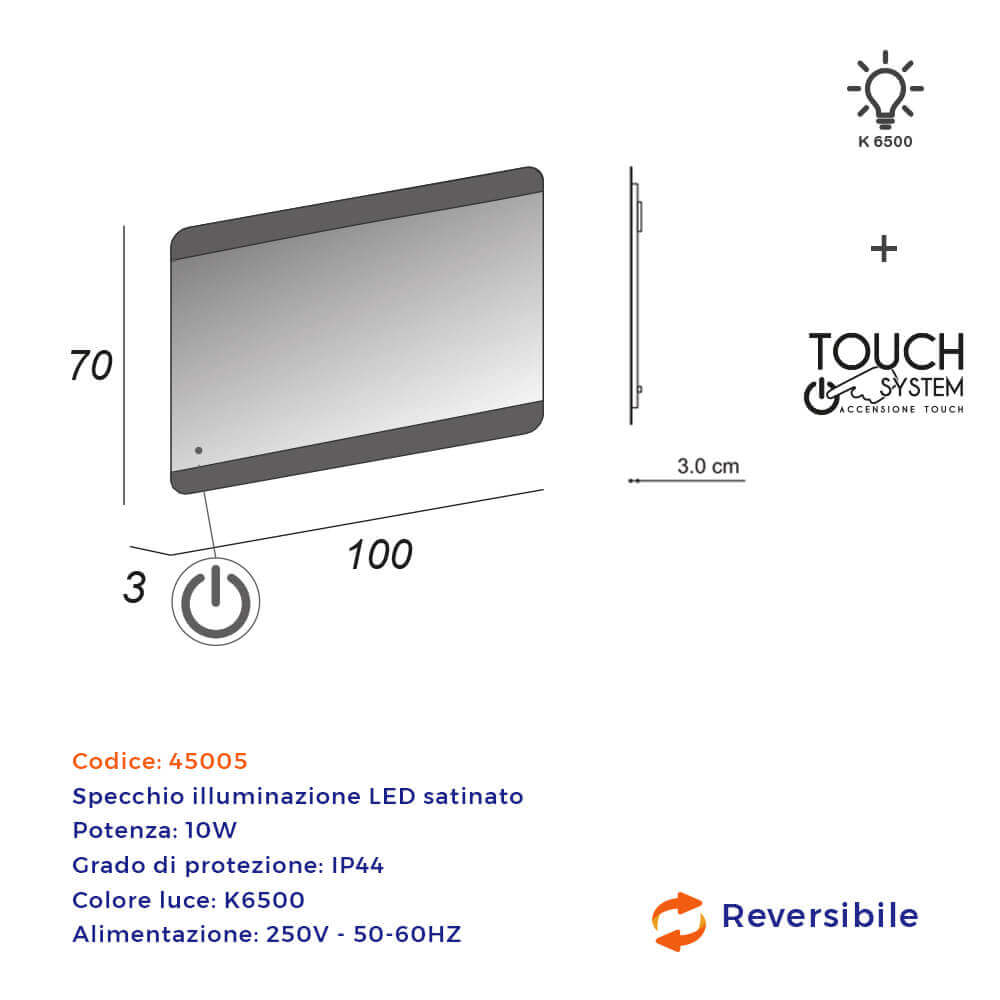 Specchio 70X100 LED touch bordi satinati retroilluminato Arcshop