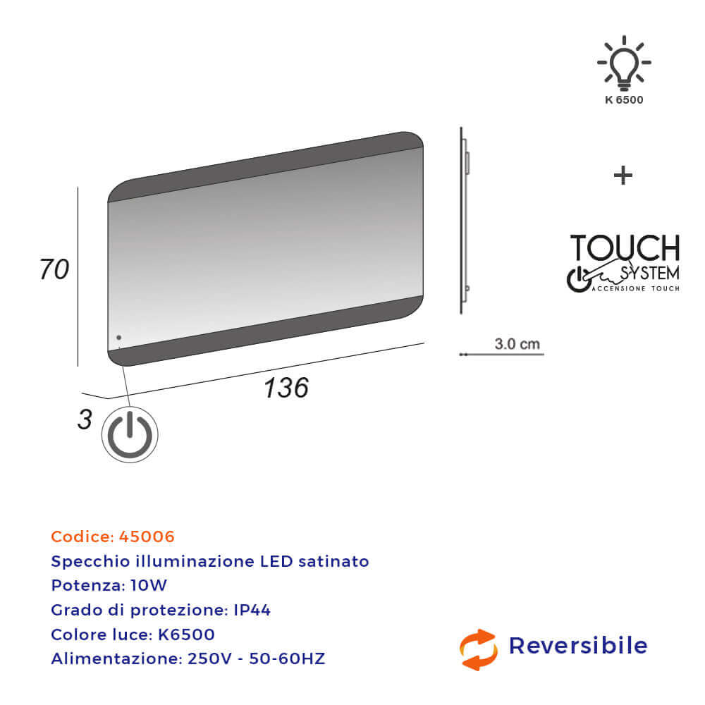 Specchio 70 X 136 LED con sensore touch retroilluminato bordi satinati Arcshop
