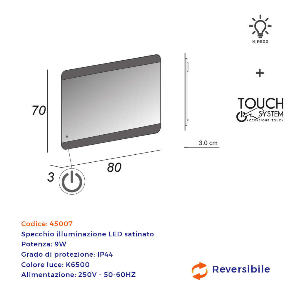 Specchiera LED con sensore touch bordi satinati 70X80 retroilluminato Arcshop