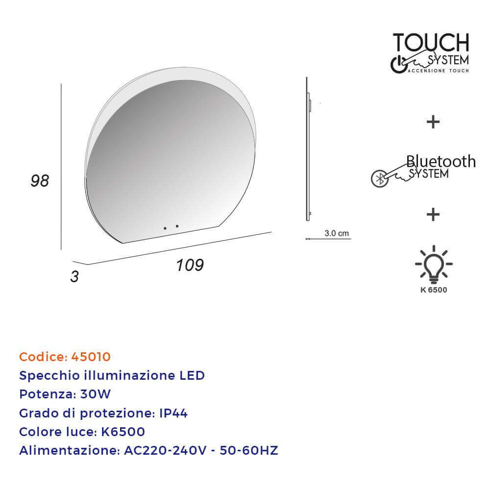 Specchio mezzaluna LED retroilluminato accensione touch con casse Bluetooth 98 X 109 Arcshop