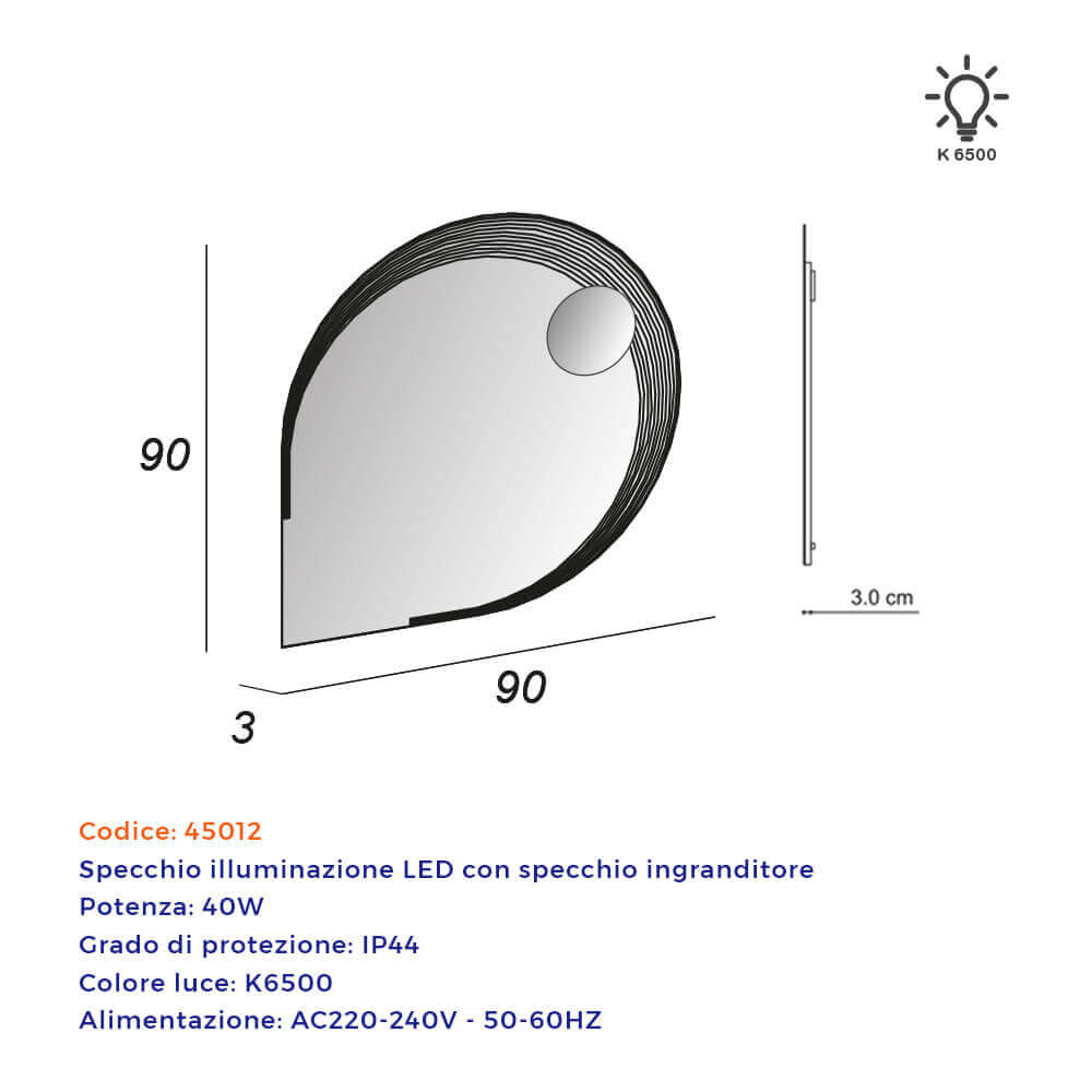 Specchiera LED 90X90 a goccia bordo lavorato con specchietto ingranditore Arcshop