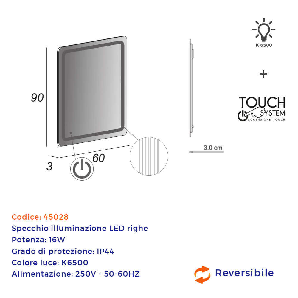 Specchio LED righe 90X60 reversibile accensione touch Arcshop