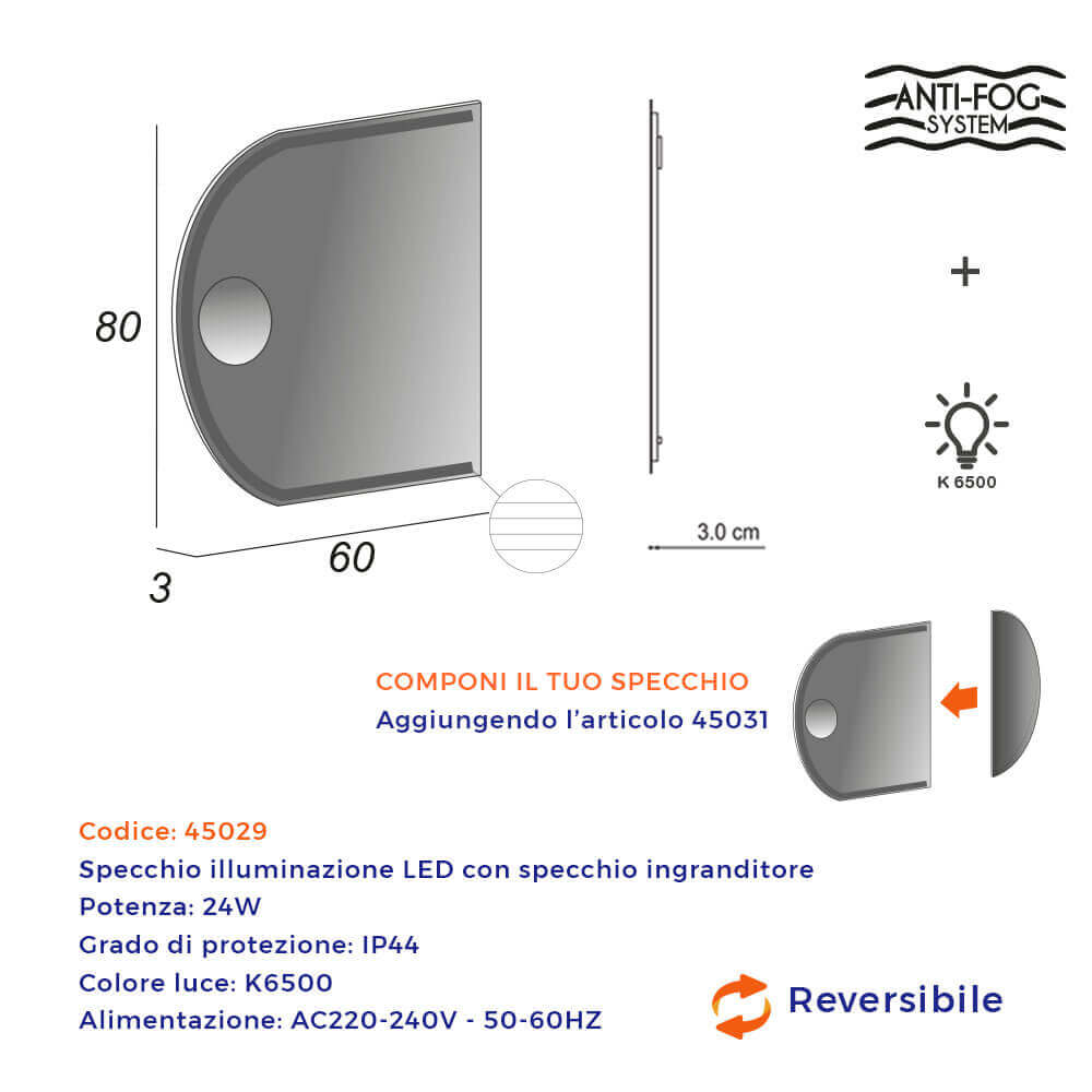 Specchio 80X60 LED righe anti-fog con specchietto ingranditore Arcshop