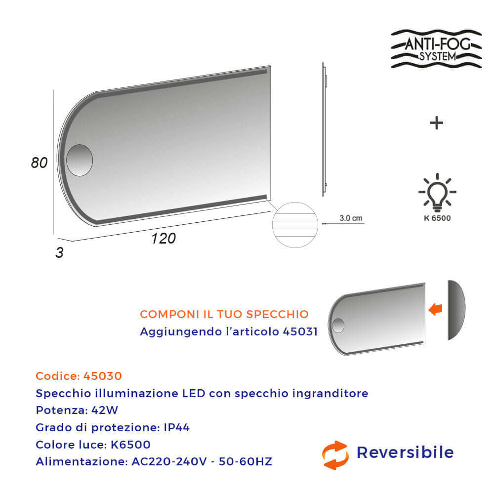 Specchio 80X120 LED righe anti-fog con specchietto ingranditore Arcshop