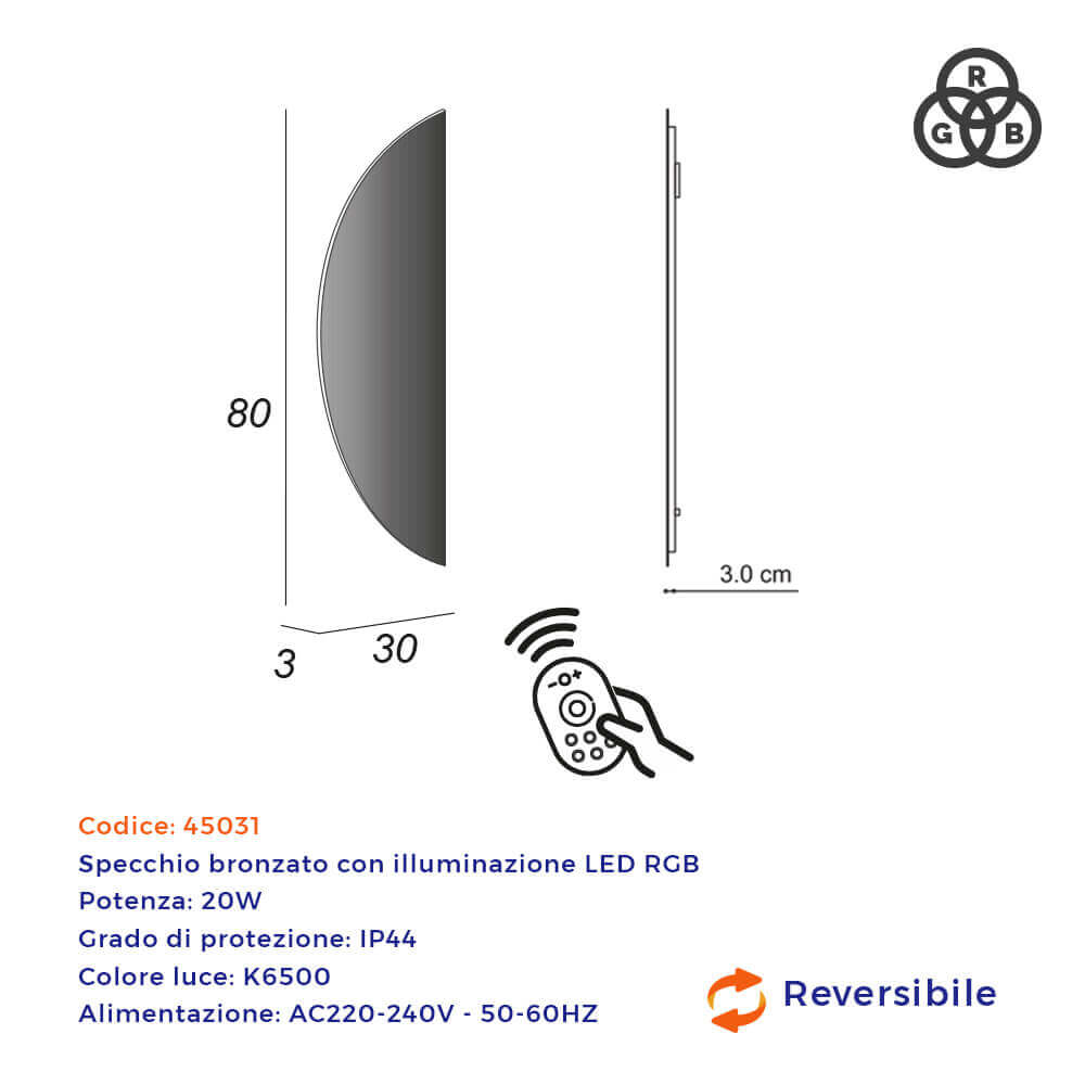 Specchio bronzato LED retroilluminato colori RGB 80X30 con telecomando Arcshop