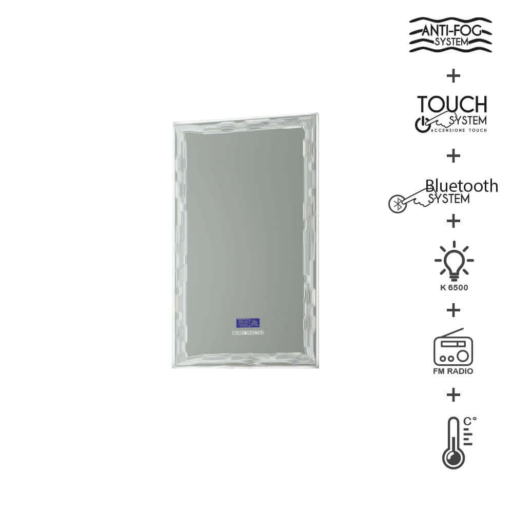 Specchio 90X50 LED touch anti-fog con casse Bluetooth radio temperatura e ora Arcshop