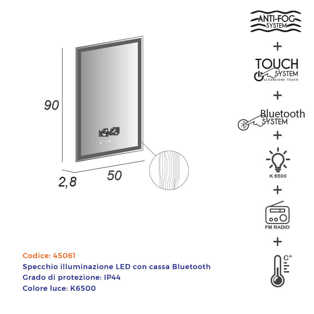 Specchio 90X50 LED touch anti-fog con casse Bluetooth radio temperatura e ora Arcshop