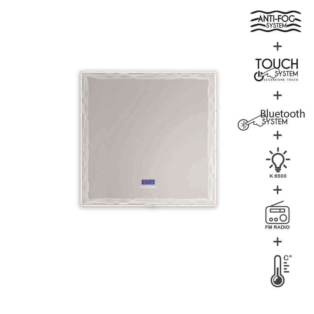 Specchio 90X75 LED touch anti-fog con casse Bluetooth orario radio e temperatura Arcshop