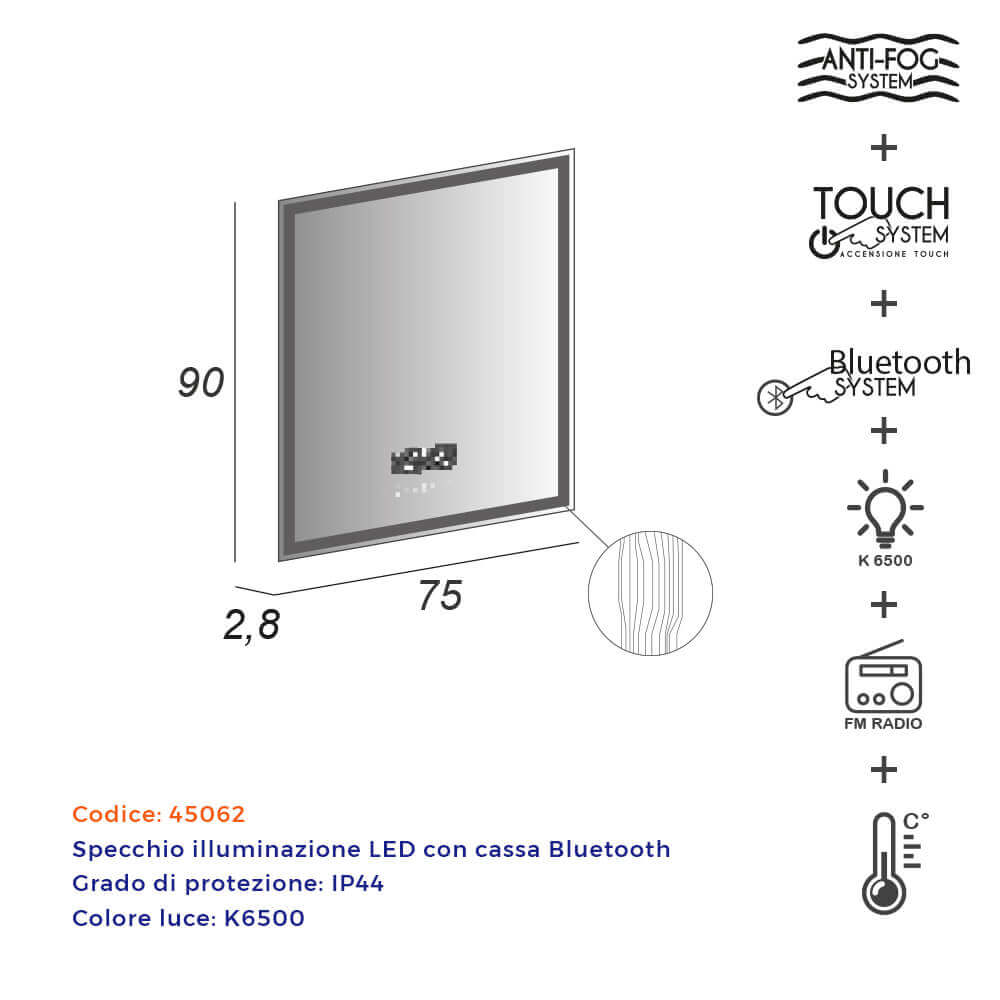 Specchio 90X75 LED touch anti-fog con casse Bluetooth orario radio e temperatura Arcshop