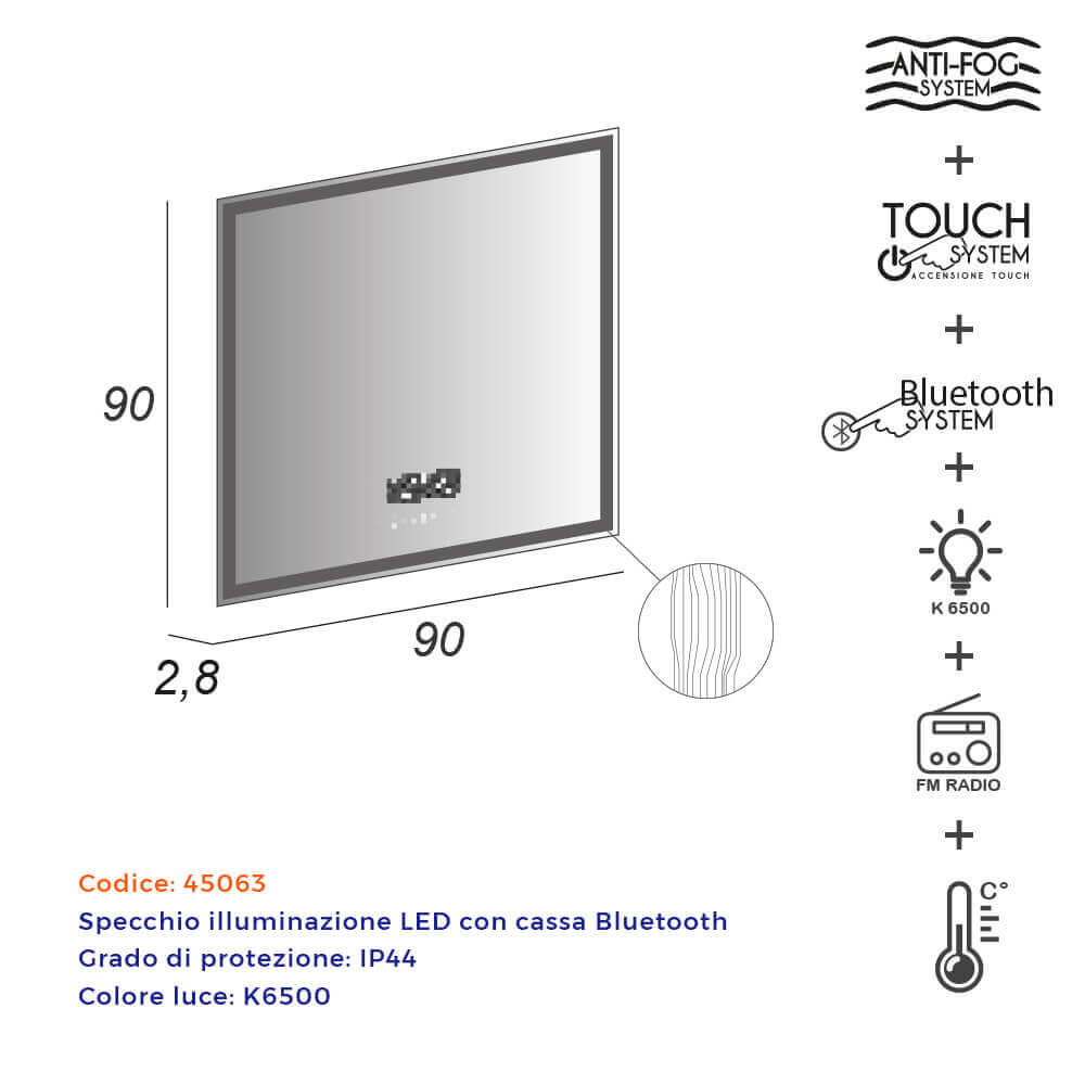 Specchio touch LED 90X90 con casse Bluetooth radio orario e temperatura anti-fog Arcshop